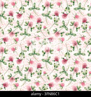 Motif sans couture aquarellé avec des fleurs de trèfle rose-rouge et des feuilles vertes. Illustration botanique dessinée à la main de fleurs sauvages Banque D'Images