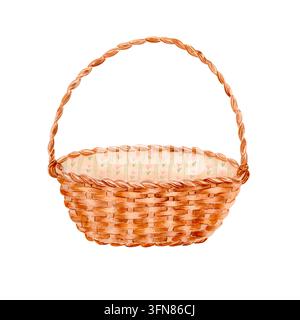 Panier en osier dessiné à la main avec poignée tressée et doublure en tissu fleuri. Corbeille tissée pastel isolée Banque D'Images
