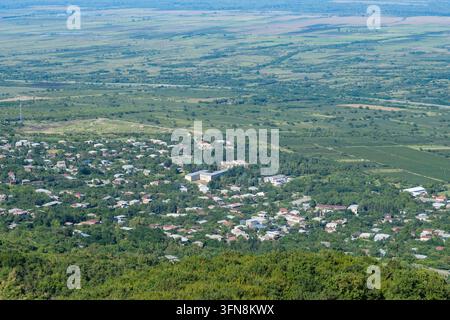 Une vue élevée montre les toits de Sighnaghi nichés parmi une verdure dense, avec des champs cultivés et de vastes plaines ondulantes s'étendant à travers la Géorgie Banque D'Images