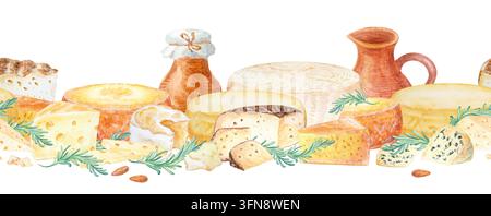 Motif de bordure sans couture horizontal en fromage artisanal avec cruche à lait, pot de miel, romarin et noix. Illustration aquarellée dessinée à la main isolée sur. Réaliste Banque D'Images