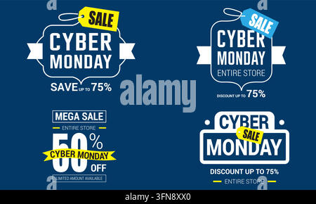 Ensemble de vecteurs pour les soldes du Cyber Monday comprenant des étiquettes de réduction, des achats en ligne et des promotions dans tout le magasin. Illustration de Vecteur