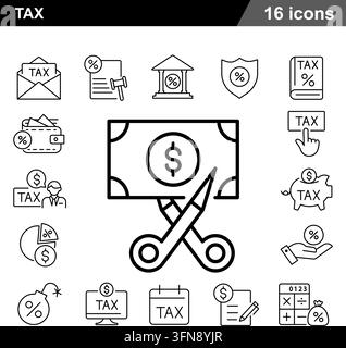 Ensemble d'icônes vectorielles noires sur le thème de la fiscalité, de la politique fiscale et des documents de paiement monétaire. Illustration de Vecteur