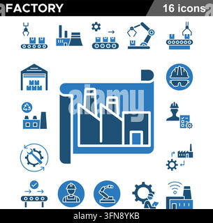 Ensemble d'icônes vectorielles bleu usine comprenant la fabrication industrielle, les lignes de production et les machines lourdes. Illustration de Vecteur