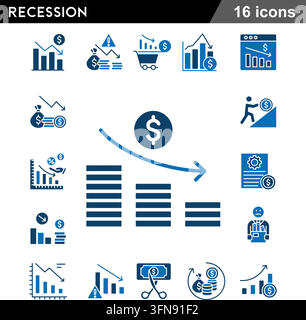 Ensemble d'icônes vectorielles bleues représentant la récession économique, la crise financière, la baisse du marché, les graphiques boursiers en chute, la perte d'argent et les réductions budgétaires Illustration de Vecteur
