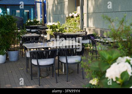 Terrasse de restaurant ensoleillée avec tables rondes et carrées, sièges tissés, bacs en pierre avec arbustes verts et fleurs d’hortensia blanches, pavage en brique Banque D'Images