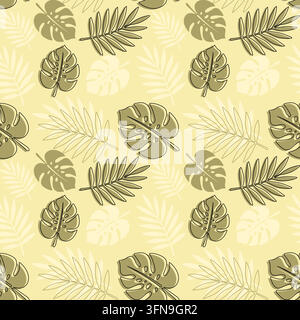 Motif de feuillage tropical dessiné à la main mettant en vedette des Monstera et des palmes dans des tons vert olive atténués et jaune doux Illustration de Vecteur