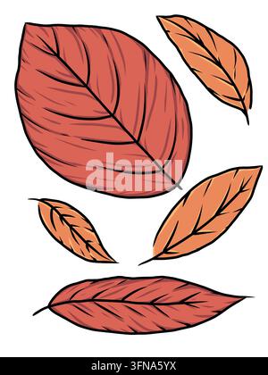 Illustration d'une collection de feuilles rouges et orange dans un style d'illustration botanique dessinée à la main, arrangée comme une composition décorative simple. Banque D'Images
