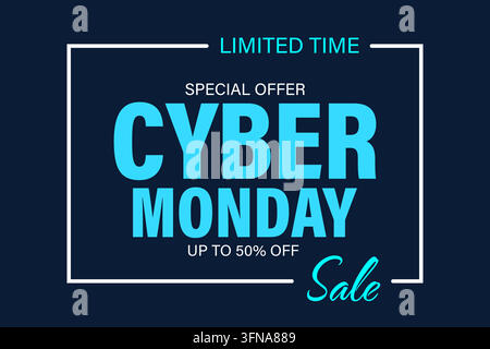 Bannière de vente du Cyber Monday avec typographie bleu néon sur un fond bleu foncé Illustration de Vecteur