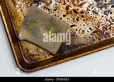 Plaque à pâtisserie en aluminium tachée et sale avec une vieille éponge de nettoyage. Banque D'Images