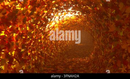 Tunnel de feuilles d'automne brillant sous une lumière chaude du soleil, rendu 3D Banque D'Images