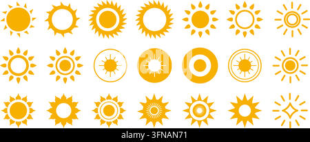 Grande collection d'icônes vectorielles de soleil jaune et de symboles météorologiques dans divers styles graphiques avec rayons et designs circulaires Illustration de Vecteur