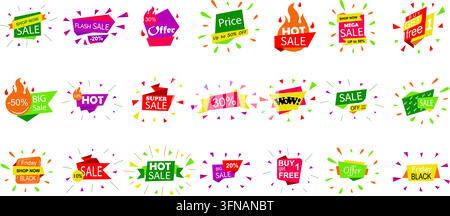 Collection vectorielle vibrante de bannières de solde colorées, badges de réduction, étiquettes de prix promotionnels, autocollants de vente flash et éléments de marketing de détail Illustration de Vecteur