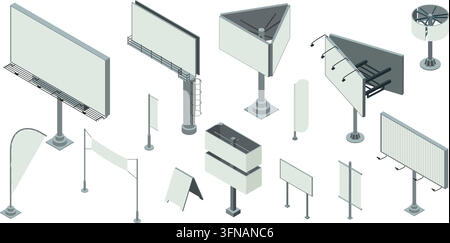 Ensemble vectoriel isométrique d'écrans publicitaires extérieurs urbains, panneaux publicitaires vierges, écrans numériques, bannières de foires commerciales et structures de panneaux promotionnels dans Illustration de Vecteur