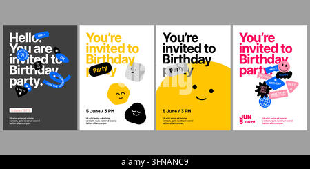 Collection moderne de quatre affiches d'invitation à une fête d'anniversaire et modèles de médias sociaux mettant en avant une typographie tendance, des personnages minimalistes ludiques Illustration de Vecteur