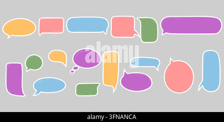 Ensemble vibrant de bulles de dialogue et de ballons de pensée colorés dans diverses formes et tons pastel avec contours blancs pour les designs de communication et le chat Illustration de Vecteur