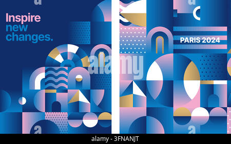 Affiches artistiques géométriques Paris 2024 présentant des motifs vectoriels abstraits, des thèmes sportifs et des compositions modernes Illustration de Vecteur