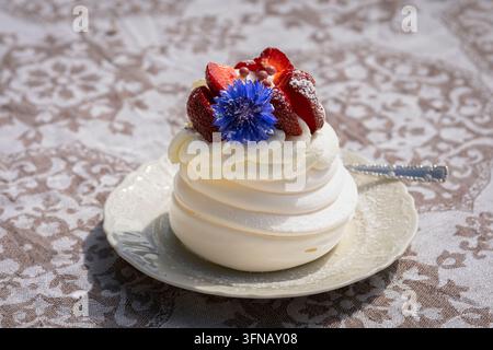 Dessert pavlova garni de crème fouettée, de fraises fraîches et d'une bleue vivace, saupoudré de sucre glace et servi dans une assiette élégante. Banque D'Images