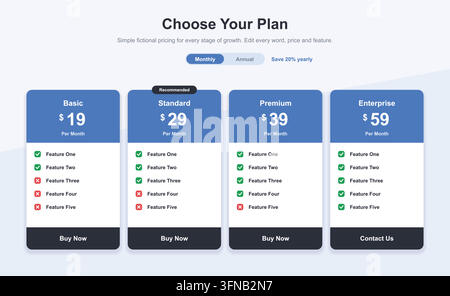 Modèle de tableau de prix moderne avec plans d'abonnement, forfaits SaaS, tarifs commerciaux et comparaison des fonctionnalités Illustration de Vecteur