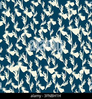 Modèle sans couture de silhouette de contour bicolore avec des fleurs de coquelicot et des feuilles. Printemps floral abstrait, motif pastel d'été Illustration de Vecteur