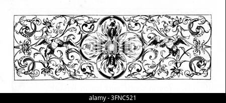 Frise décorative ornée avec des oiseaux et des motifs floraux en rinceaux, fond blanc, gravure du XIXe siècle. Banque D'Images