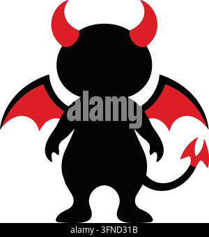 Illustration plate d'un diable à cornes noir avec des ailes de chauve-souris rouge vif, des cornes rouges, des pieds arrondis et une longue queue pointue enroulée Illustration de Vecteur
