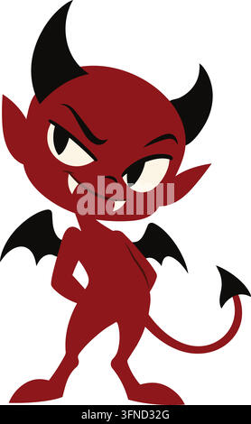 Illustration plate d'un diable féminin rouge stylisé avec des cornes noires courbées, des oreilles pointues, de petites ailes de chauve-souris et une longue queue à pointe de flèche Illustration de Vecteur