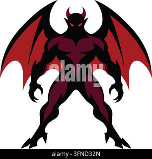 Illustration plate d'un démon puissant noir et rouge foncé avec de grandes ailes de chauve-souris déployées, des cornes courbées, des membres musclés et des pieds griffus Illustration de Vecteur