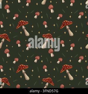 Motif sans couture de forêt avec des amanites muscari, des branches botaniques et des étoiles sur un fond vert foncé, illustration aquarellée pour la nature Banque D'Images