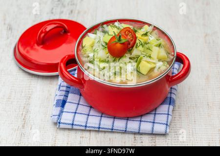 Casserole rouge avec okroshka – soupe d'été traditionnelle en Ukraine, Biélorussie et Russie. Okroshka à base de pommes de terre bouillies, daikon, concombre, œufs durs et Banque D'Images