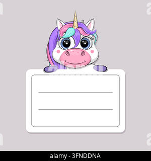 Licorne de dessin animé mignonne avec un panneau vide. Illustration vectorielle d'un personnage animal adapté aux designs pour enfants, à la décoration de chambre d'enfant, aux décorations d'anniversaire Illustration de Vecteur