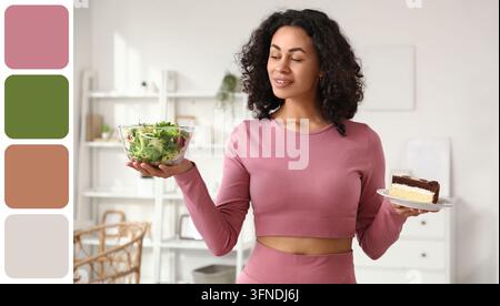 Alimentation saine et choix diététique, femme décidant entre une salade fraîche et un gâteau pour un équilibre nutritionnel et des objectifs de perte de poids dans une cuisine lumineuse à domicile Banque D'Images