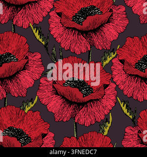Coquelicot fleuri. Motif floral sans couture basé sur des ornements d'art dessinés à la main. Fleurs colorées sur fond de couleur. Illustration vectorielle. Motif simple Illustration de Vecteur