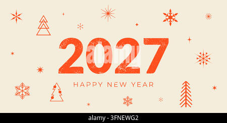 Bannière Happy New Year 2026 avec texte 2027 et éléments de Joyeux Noël. Modèle vectoriel horizontal. Illustration de Vecteur