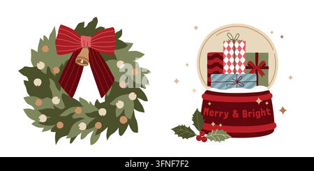 Ensemble d'éléments de Noël dessinés à la main, globe de neige et couronne florale festive avec nœud rouge pour la décoration hivernale ou l'emballage, cartes Illustration de Vecteur