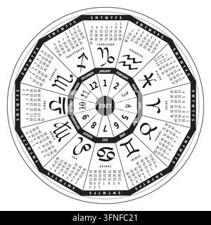 Calendrier du zodiaque 2026 avec 12 signes astrologiques en noir et blanc - Roue des 12 mois - Conception vectorielle Illustration de Vecteur