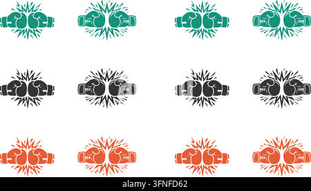Ensemble d'icônes de gants de boxe en variations de couleurs vert, gris foncé et orange avec des symboles d'explosion d'impact sur un fond blanc propre illustration vectorielle Illustration de Vecteur