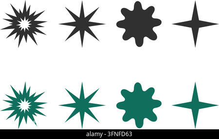 Ensemble d'icônes étoiles et éclats en variations de couleurs noir et marron avec des éclats géométriques et des formes douces sur un fond blanc propre illustration vectorielle Illustration de Vecteur
