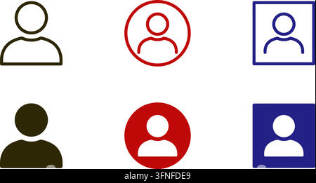 Ensemble d'icônes de profil utilisateur et de compte en variations de couleurs noir, rouge et bleu avec des styles graphiques de contour et pleins pour les interfaces web et mobiles Illustration de Vecteur