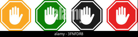 Ensemble d'icônes de panneau d'arrêt et de gestes de la main en variations de couleurs jaune, vert, noir et rouge avec des styles graphiques octogonaux pour des applications de conception de sécurité Illustration de Vecteur