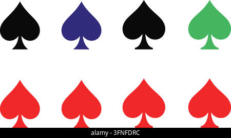 Ensemble d'icônes de cartes à jouer en pique dans des variations de couleurs noir, rouge, bleu et vert avec des styles graphiques solides pour la conception de casinos et de jeux Illustration de Vecteur
