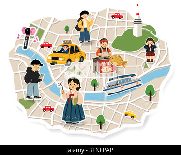 Illustration vectorielle mignonne d'une carte de voyage en Corée avec des éléments d'autocollants comprenant une fille en hanbok, un taxi, de la nourriture de rue, un bâton lumineux K-pop et des monuments. Illustration de Vecteur