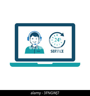 Service de support client et assistance 24h/24, 7j/7 en ligne sur écran d'ordinateur portable, illustration vectorielle sur fond blanc isolé Illustration de Vecteur
