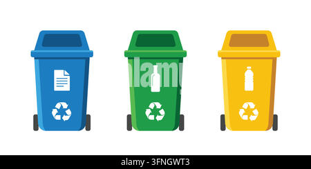 Illustration vectorielle de trois bacs de recyclage codés par couleur pour les déchets de papier, de verre et de plastique sur fond blanc isolé Illustration de Vecteur