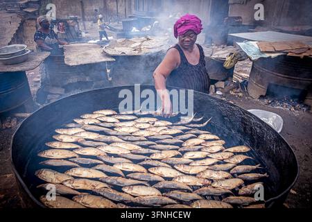 Femme fumant du poisson au Jamestown Fishing Village, Jamestown, Accra, Ghana, Afrique Banque D'Images