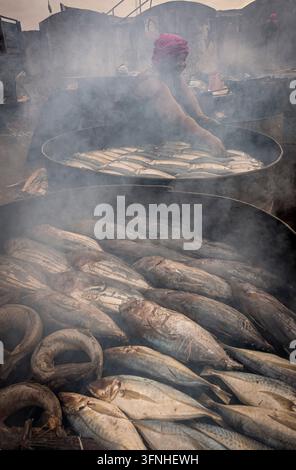 Femme fumant du poisson au Jamestown Fishing Village, Jamestown, Accra, Ghana, Afrique Banque D'Images