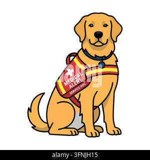 Chien d'alerte médical Golden Retriever assis dans un gilet rouge, illustration. Illustration de Vecteur