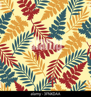 Illustration botanique détaillée de divers frondes de fougère et feuilles pennées dans des teintes vives rouge, bleu turquoise et jaune doré disposées en un motif dense Illustration de Vecteur