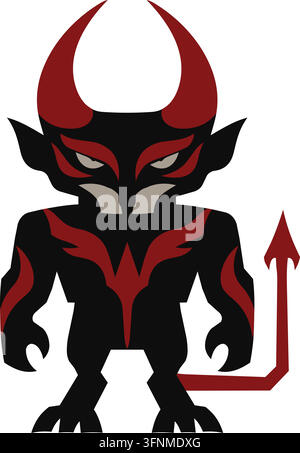 Illustration plate d'un guerrier démonique compact avec de massives cornes rouges, une armure sombre, des yeux rouges lumineux et une longue queue pointue Illustration de Vecteur