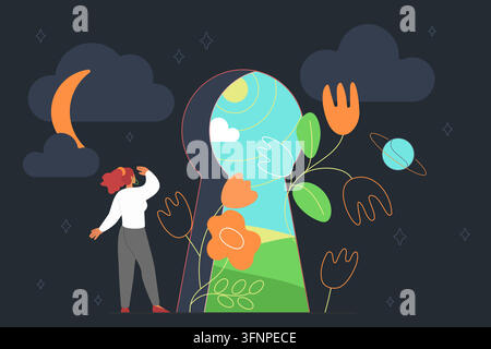 Femme face à un portail surréaliste en forme de trou de serrure avec des fleurs, la lune, des nuages et un paysage, explorant l'identité, le monde intérieur, la croissance et l'imagination, noir isolé sur fond sombre illustration vectorielle Illustration de Vecteur