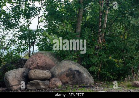 Photographie extérieure pittoresque mettant en scène un tas de gros blocs de granit gris et rougeâtres le long d'une côte rocheuse. Des bouleaux verts denses et des arbres caduques s Banque D'Images